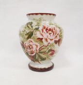 Large Victorian opaline glass vase of flattened baluster form with hand painted pink rose decoration