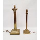 Brass table lamp formed as a Corinthian column on square base, 50cm high and another brass table
