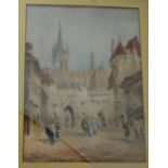 Late 19th century watercolour Continental street scene, figures in foreground and city wall and