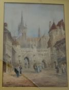 Late 19th century watercolour Continental street scene, figures in foreground and city wall and