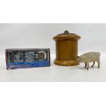 Old lignum vitae turned string box, a small model of a pig in pigskin(?) and a souvenir from the
