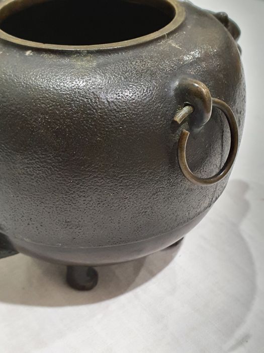 Japanese bronze 'Magic Tea Kettle' pot, ovoid, with a badger's head on one side and the tail on - Image 6 of 18