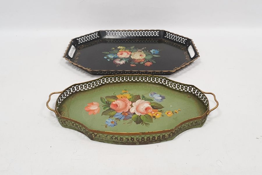 Two tin trays decorated in the Barge fashion, both with galleried edges (2) - Image 4 of 4