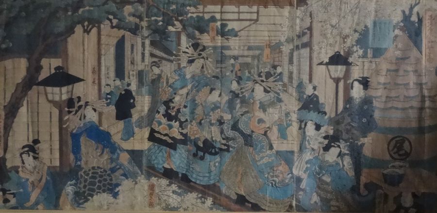 After Utagawa Kunisada  Japanese woodblock print "Beauties at Yoshi", 34cm x 72cm Condition Report