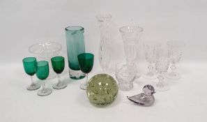 Collection of coloured and engraved glassware, including four green tinted small wine glasses in