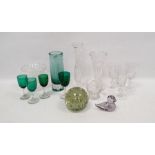 Collection of coloured and engraved glassware, including four green tinted small wine glasses in
