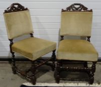 Set of six early 20th century oak-framed chairs, the top rails with acanthus carved decoration,