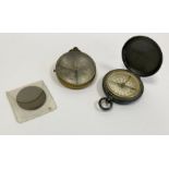 Small brass compass, a silver-plated pocket compass and a Victorian penny