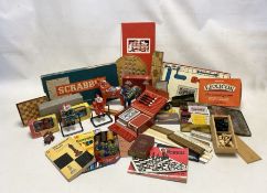 Box of children's toys and games to include Scrabble, Mini Mastermind, Lexicon, Marbles, Matchbox
