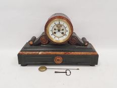 Late 19th century slate and marble mantel clock, drum shaped case mounted on decorated and carved