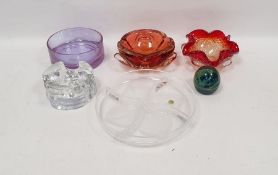 Collection of coloured glassware including a Czech or Italian orange-tinted lobed ashtray/bowl, 17cm