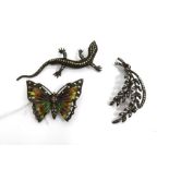 Continental silver, enamel and marcasite butterfly brooch with pierced wings, a marcasite lizard