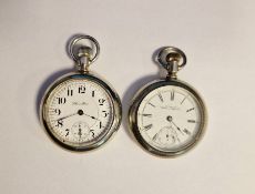 Hamilton silver-plated pocket watch with subsidiary seconds dial and engraved steam engine to