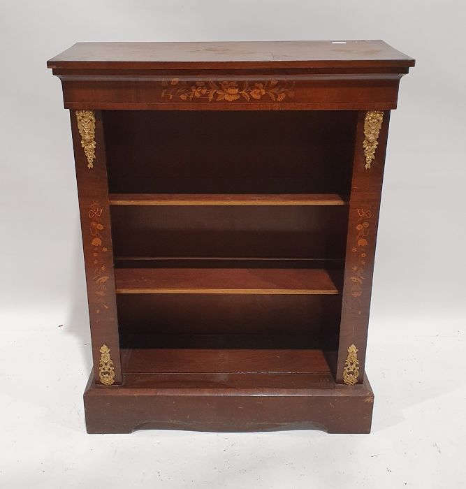 20th century mahogany open bookcase with floral marquetry inlay, on plinth base Height 105cm Width