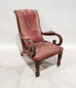 19th century mahogany-framed chair with pink upholstered seat, back and armrests, overscrolled arms,