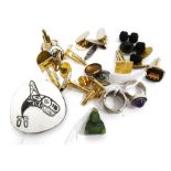 Sundry costume cufflinks, a carved jade Buddha pendant, two various silver rings, one set with