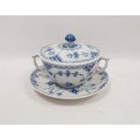 Royal Copenhagen two-handled soup cup, cover and stand painted in blue with the immortal pattern,