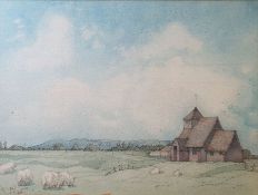 Kenneth Pengelly Watercolour drawing Fairfield: Romney Marsh, St Thomas a Beckett, signed and