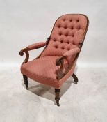19th century mahogany framed armchair with pink upholstered seat, back and arm rests, overscrolled