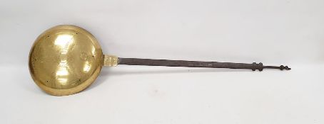 Believed to be Dutch 18th century copper warming pan with pierced decoration to the brass lid,