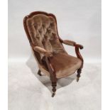 19th century armchair with brown upholstered seat, back and arm rests, turned front legs