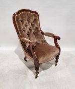 19th century armchair with brown upholstered seat, back and arm rests, turned front legs