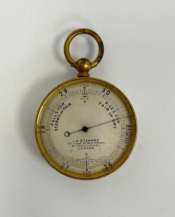 Late 19th century gilt-metal pocket barometer produced by J H Steward of London, 4.7cm diam. - Image 3 of 3