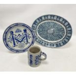 Dutch delft masonic plate painted in underglaze blue with masonic symbols, by J D van Velzen,