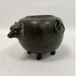 Japanese bronze 'Magic Tea Kettle' pot, ovoid, with a badger's head on one side and the tail on