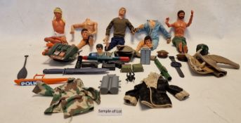 Four Action Man dolls together with a selection of Action Man accessories to include clothes,