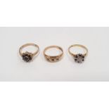 18ct gold cluster ring set with white and black stones, 2.5g, 9ct gold ring set with three small