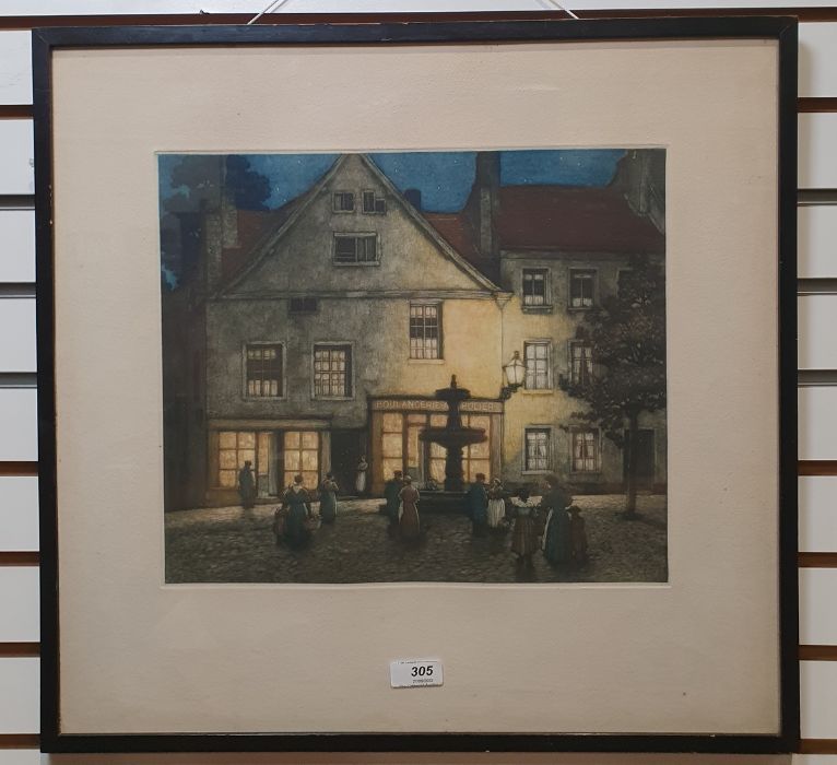 20th century school Coloured lithographic print French town scene with figures in front of a - Image 2 of 2