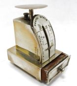 Edwardian silver-mounted small postal scale with plastic-mounted scale and small wooden stamp
