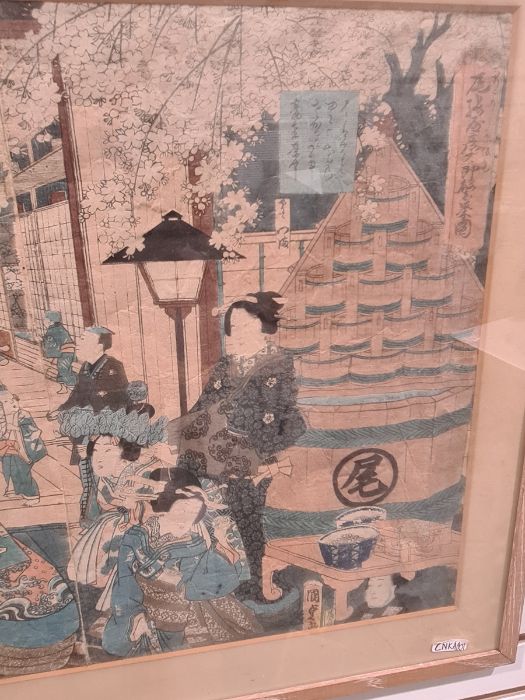 After Utagawa Kunisada  Japanese woodblock print "Beauties at Yoshi", 34cm x 72cm Condition Report - Bild 6 aus 6