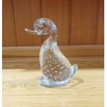 Whitefriars glass "Dilly Duck" model designed by Geoffrey Baxter with controlled bubbles in clear