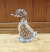 Whitefriars glass "Dilly Duck" model designed by Geoffrey Baxter with controlled bubbles in clear