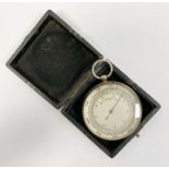 Early 20th century chrome cased pocket barometer, unmarked, in a square leather case, 5.2cm diam.