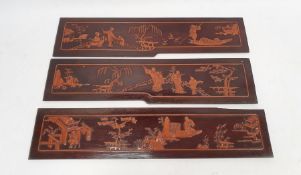 Set of three lacquered carved wood panels of figures and musicians in lakeside gardens, others
