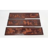 Set of three lacquered carved wood panels of figures and musicians in lakeside gardens, others