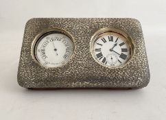 Edwardian silver-cased desk barometer and clock, with textured silver mount to front, hallmarked