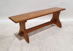 Modern bench, the rectangular top on end supports united by stretcher, 44cm x 121cm x 30cm