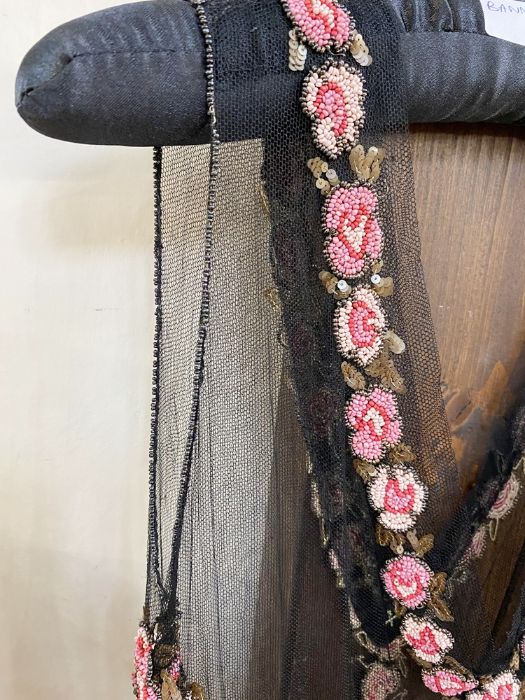 French 1920's museum quality black net flapper dress,  embroidered with tiny beads in pink, red, - Image 8 of 9