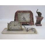 Early 20th century part clock garniture, the pink veined marble body with square dial, with Roman