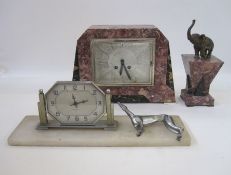 Early 20th century part clock garniture, the pink veined marble body with square dial, with Roman