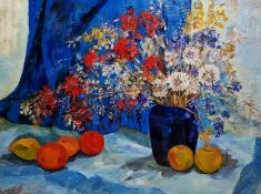 Pamela Dory(?) (b.1932)  Oil on board Still life with flowers and fruit, signed lower right,