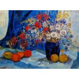 Pamela Dory(?) (b.1932)  Oil on board Still life with flowers and fruit, signed lower right,