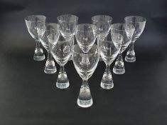 Set of ten Holmegaard "Princess" wine glasses designed by Bent Severin, the conical foot with an