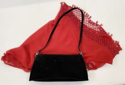 Rilei black suede evening bag with silver coloured hardware, and a small red shawl (2)