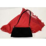 Rilei black suede evening bag with silver coloured hardware, and a small red shawl (2)