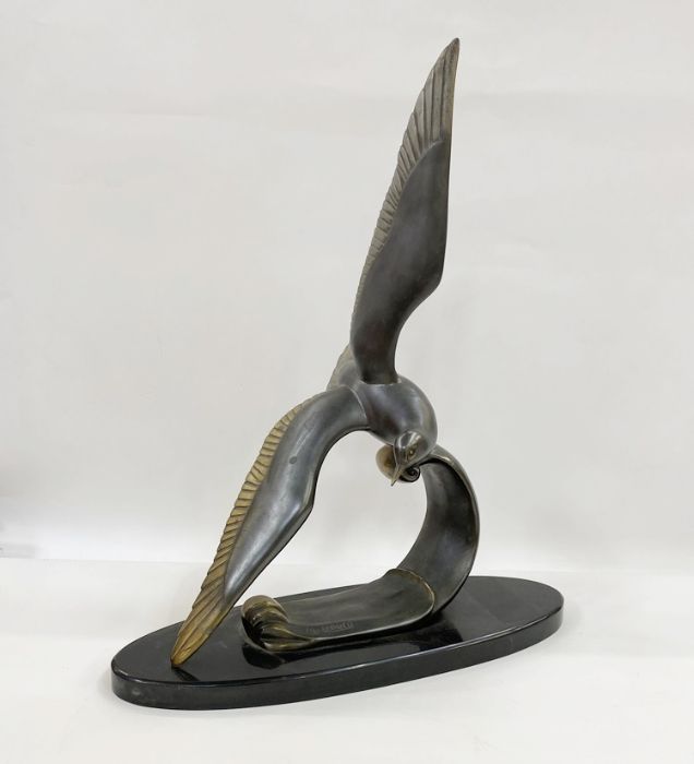 M. Leducci French Art Deco sculpture of stylised seagull in flight, on marbled base, signed 'M